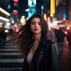 Illuminated City Street with a Fashionable Woman at Night