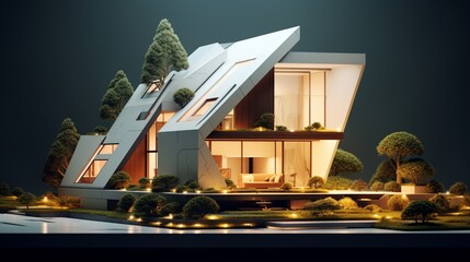 A geometrically inspired miniature house with angular shapes and creative landscaping.