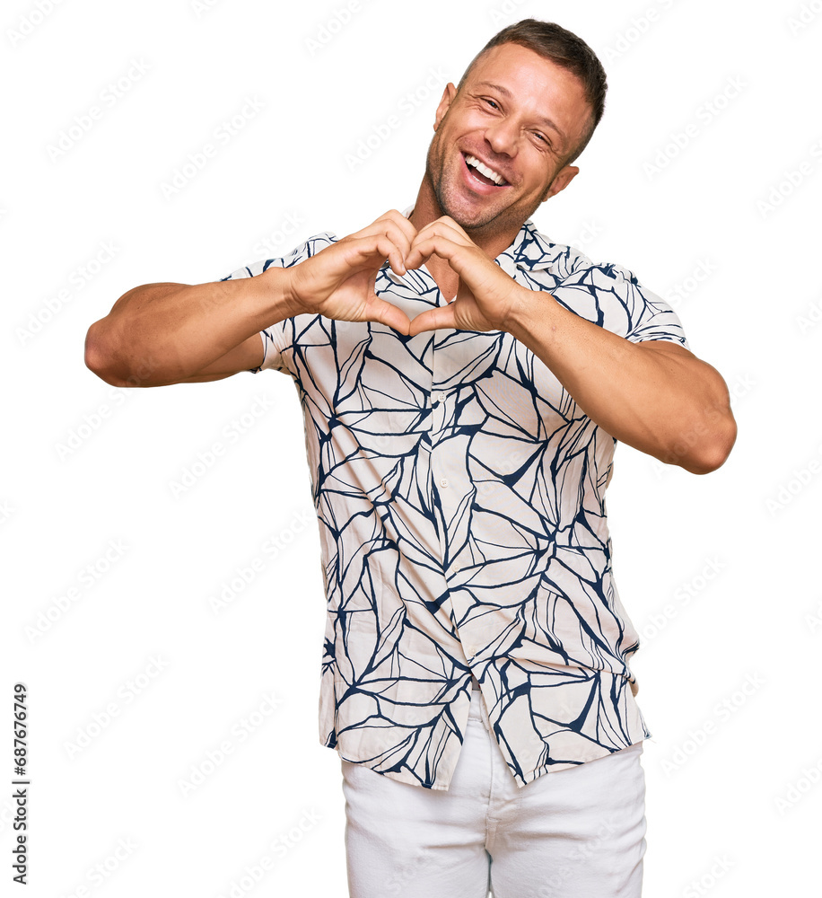 Sticker Handsome muscle man wearing casual clothes smiling in love showing heart symbol and shape with hands. romantic concept.