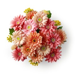 A bouquet of pink and yellow flowers on a white surface
