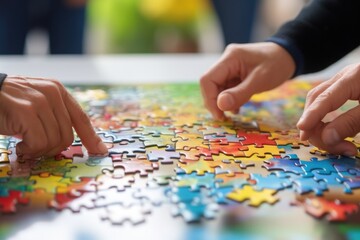 Two people are shown in a close-up, focusing on their hands as they put pieces of a puzzle together. This image can be used to represent teamwork, problem-solving, collaboration, or finding solutions