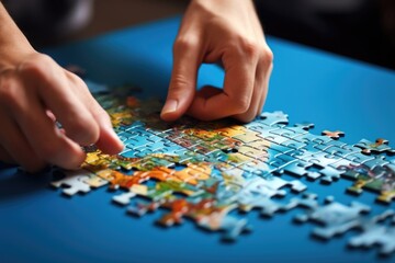 A person placing a piece of a puzzle on a table. Suitable for use in various projects