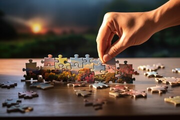 A person placing a puzzle piece. Can be used for problem-solving or teamwork concepts