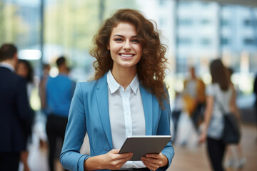 Woman in business suit holding tablet computer. Suitable for corporate and technology-related projects.