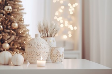 Fototapeta na wymiar A white table adorned with vases filled with festive Christmas decorations. Perfect for adding a touch of holiday cheer to any space