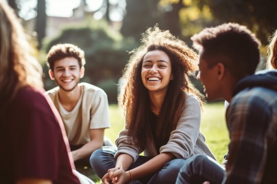 A Group Of Young People Sitting On The Grass. Suitable For Socializing And Outdoor Activities