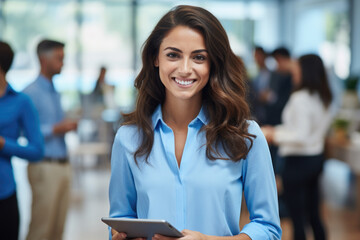 Woman in blue shirt holding tablet. Perfect for technology and communication concepts.