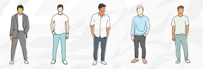 Fototapeta na wymiar Attraktive Stilikonen: Lineart Vektorgrafik-Bundle von jungen Männern in stylischen Outfits