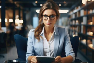 Fototapeta premium Woman sitting at table using tablet computer. Suitable for technology and business-related concepts.