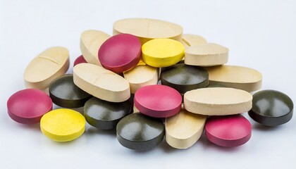 Naklejka premium stack of multicolor pharmaceutical vitamin pills on isolated 