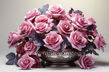 A vase filled with pink roses sitting on a table