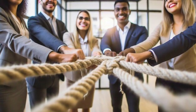 teamwork concept as a business metaphor for joining a partnership synergy and cohesion as diverse ropes connected together in interdependence