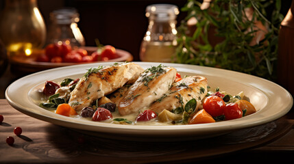 Creamy Mediterranean chicken on an old Mediterranean table and dishes,  ai generative