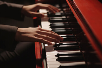 Obraz premium Person is pictured playing red piano in dark room. This image can be used to convey sense of mystery or creativity.