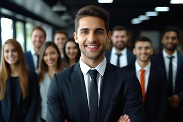 Obraz premium Professional man dressed in suit stands confidently in front of group of people. Perfect for business presentations or team leadership concepts.