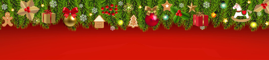Obraz na płótnie Canvas Christmas Panorama With Fir Tree Red Background