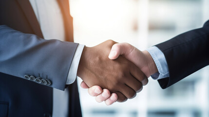 Interracial Handshake in a Modern Office: A Symbol of Workplace Diversity featuring a Black and White Businessmen Shaking Hands
