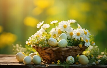 a basket full of easter eggs and flowers,