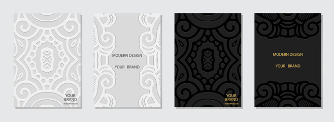Set of holiday covers, abstract vertical templates. A collection of embossed, geometric backgrounds with an ethnic 3D pattern in a handmade style. Arabesques of the East, Asia, India, Africa, Mexico