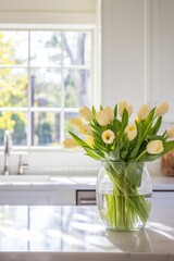 A modern white kitchen with pops of greenery, a vase of tulips on the counter,