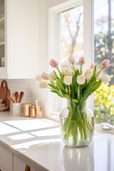 A modern white kitchen with pops of greenery, a vase of tulips on the counter,