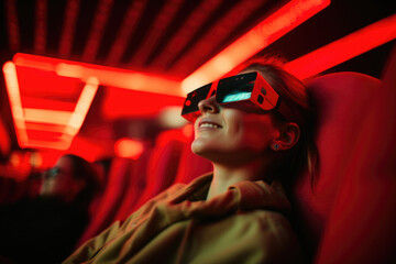 Woman is pictured wearing pair of virtual glasses. This image can be used to illustrate technology, virtual reality, or gaming concepts.