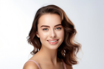 Naklejka premium Stunning young woman with flowing brown hair.
