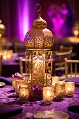Fototapeta na wymiar A regal purple and gold background with elegant Arabic calligraphy