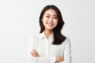 Woman in white shirt strikes pose for photo. This image can be used for various purposes.