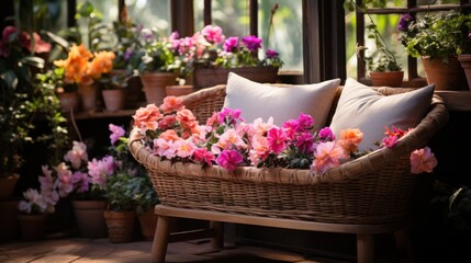 Fototapeta na wymiar A rustic wooden bench with a cushion, a woven basket of colorful flowers,
