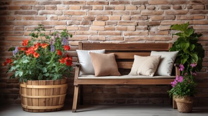 Fototapeta na wymiar A rustic wooden bench with a cushion, a woven basket of colorful flowers,