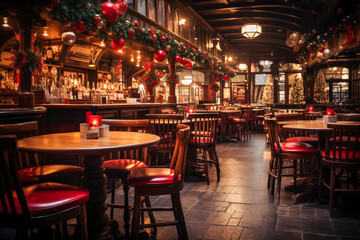 Fototapeta na wymiar Irish pub interior design decorated with Christmas trees and garlands