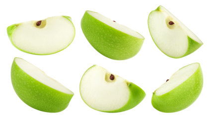 Green juicy apple slice isolated on white background, full depth of field