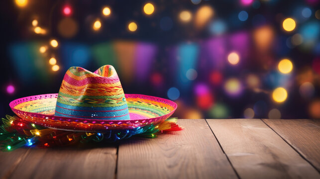 Cinco de Mayo party scene with bokeh and mexican sombrero, very colorful and festive banner