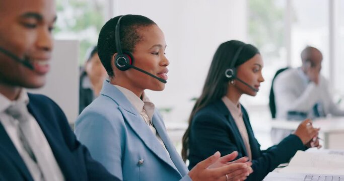 Call center, laptop and happy black woman consulting on online tech support, customer service or help desk. Outsourcing, webinar consultation mic and startup business agent discussion on telecom chat