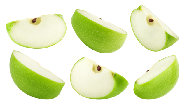 Green juicy apple slice isolated on white background, full depth of field