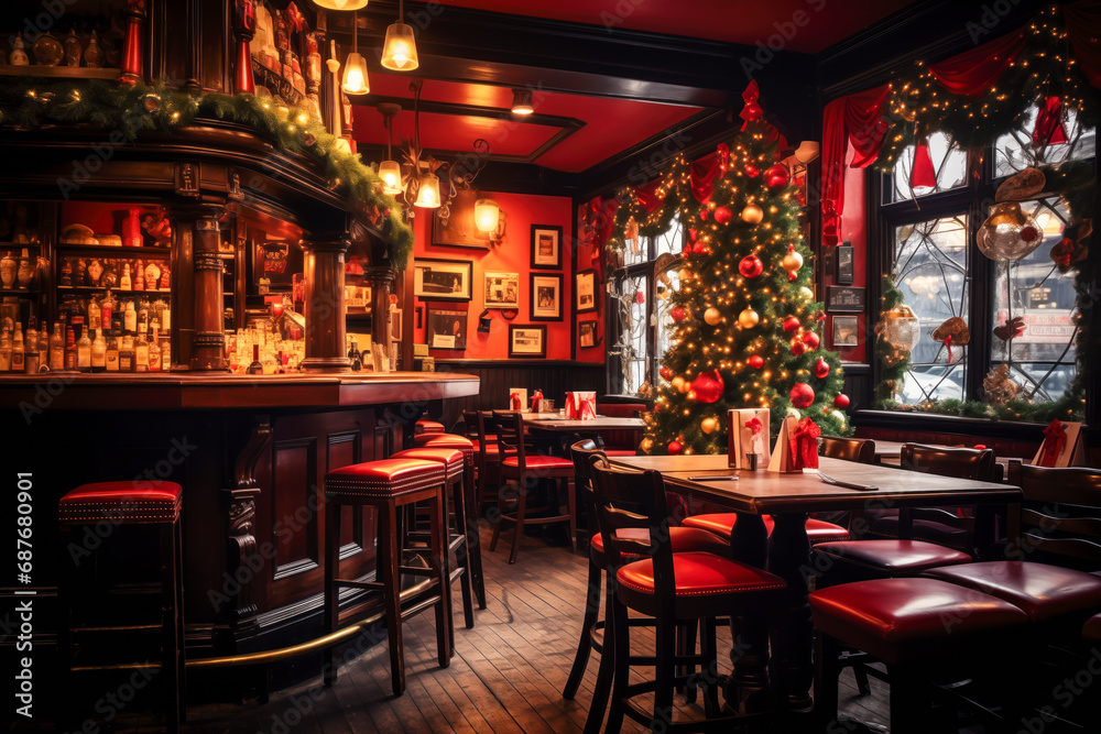 Wall mural Irish pub interior design decorated with Christmas trees and garlands