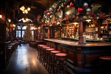 Fototapeta na wymiar Irish pub interior design decorated with Christmas tree, oranments and garlands