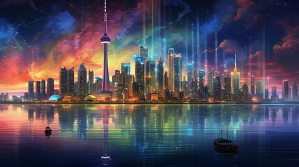 A panoramic view of a city skyline at night, illuminated by a sea of colorful lights.