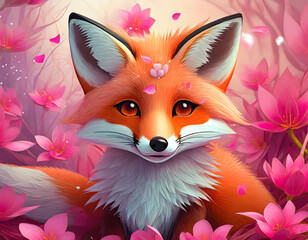 Cute cartoon fox with pink petals