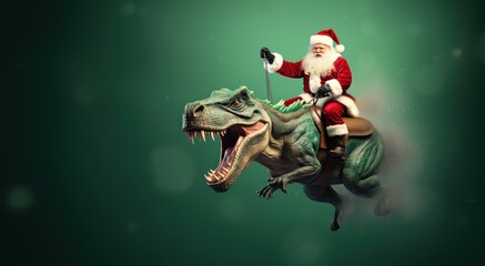 Santa Claus ride a tyrannosaurus.