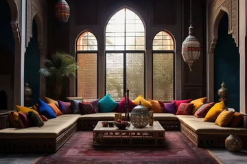 Keuken spatwand met foto Moroccan-style living room interior with sofa, pillows and coffee table © evgenia_lo