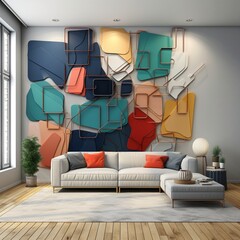 A modern living room with a 3D wall mockup background, showcasing sleek furniture and vibrant decor elements. - Image #4 @baseer123
