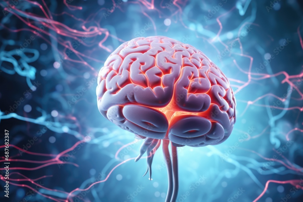 Poster a computer generated image of a brain. can be used to represent concepts related to neuroscience, ar