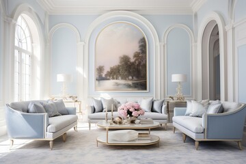Interior of an elegant living room in light blue tones with blue sofas, pillows and a coffee table