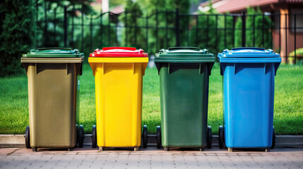 Outdoor different color waste separation containers.