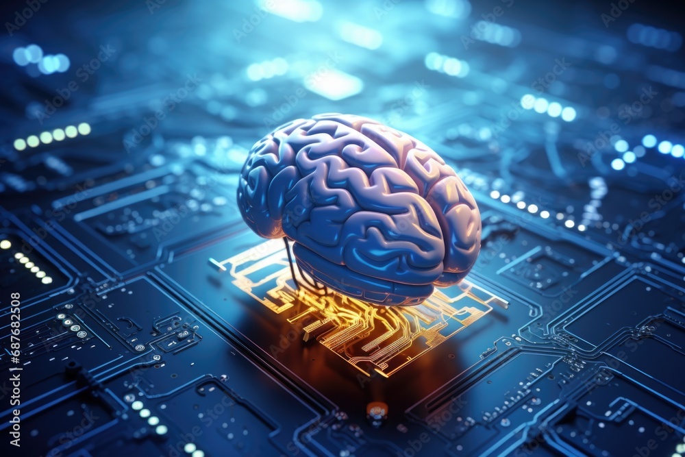 Poster a computer circuit with a brain on top. suitable for illustrating artificial intelligence, technolog