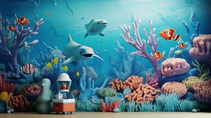 Fototapeta na wymiar A playful children's bedroom with a 3D wall mockup showcasing a whimsical underwater world with friendly sea creatures and coral reefs.