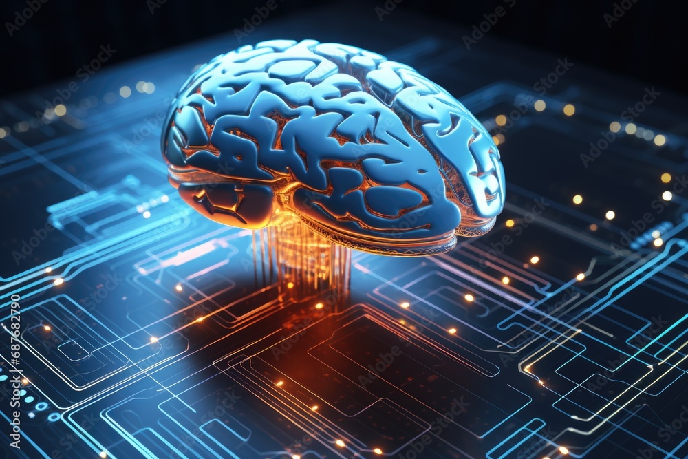 Poster close up view of a brain on a circuit. this image can be used to illustrate concepts related to tech