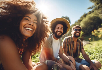 Multicultural friends enjoying day out on spring or summertime - obrazy, fototapety, plakaty